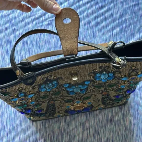 VTG 1964 Enid Collins Purse Pavan Pheasant Peacock Blue Jewels Wooden Bucket